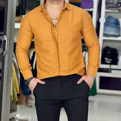 پیراهن مردانه آستین بلند دکمه مخفی ساتن ترک رنگبندی کامل