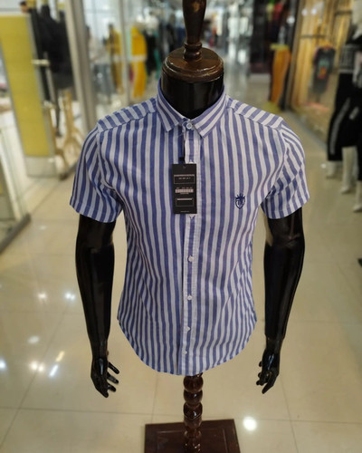 پیراهن مردانه آستین کوتاه نخی مدل راه راه ریز