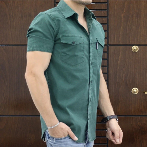 پیراهن کتان مردانه آستین کوتاه دوجیب- پارچه کتان ترک اورجینال (تولید شرکت L CON)