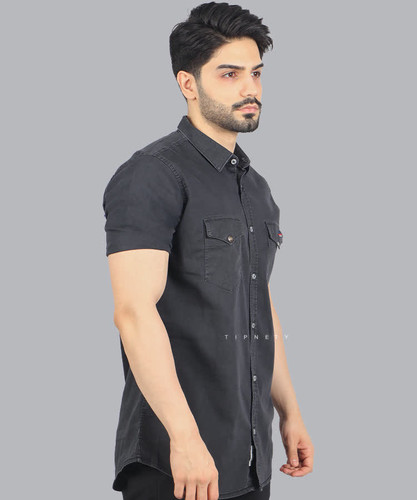 پیراهن لی پارچه ترک ذغالی و آبی روشن