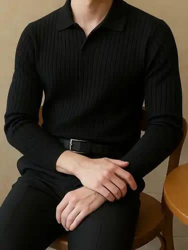 بلوز نیم یقه مراکشی مردانه اورجینال استایل اولد مانی old money رنگ مشکی